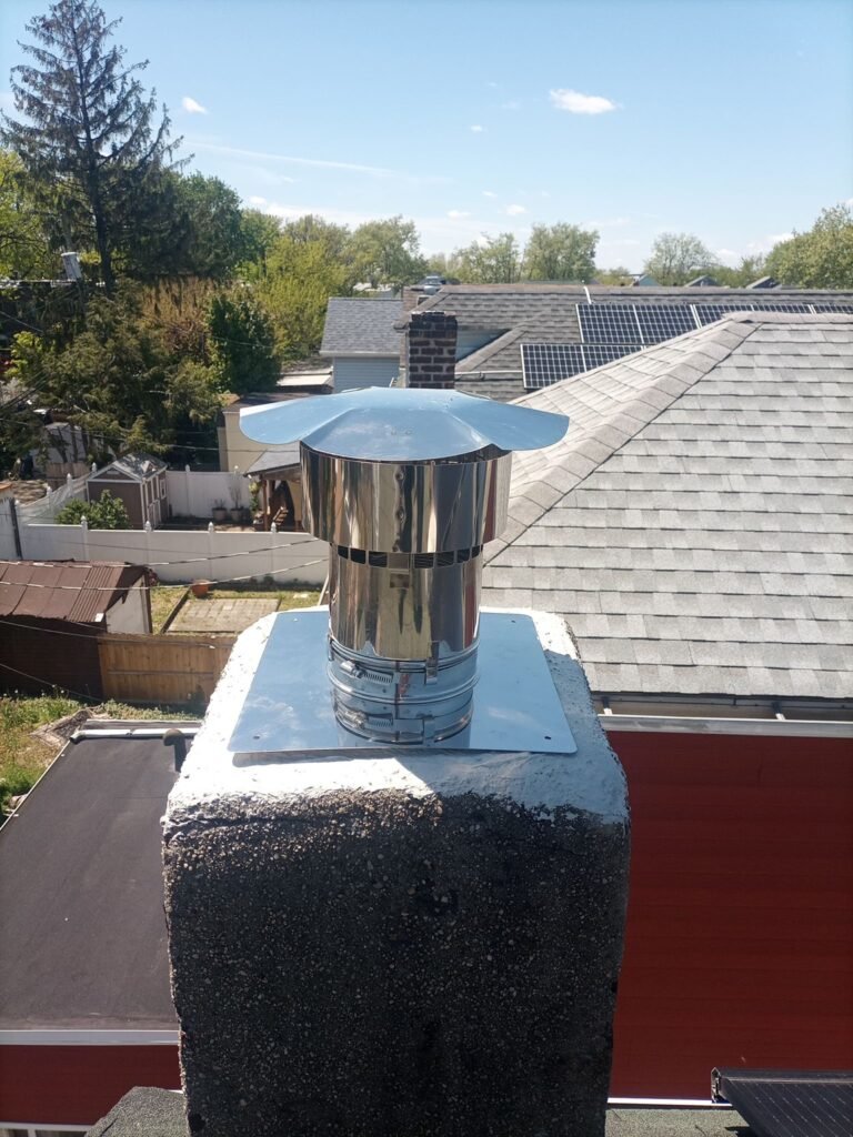 Close-up of a new stainless steel liner connection set into original brick masonry