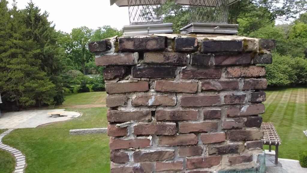 Close-up of a chimney corner showing worn mortar and brick damage