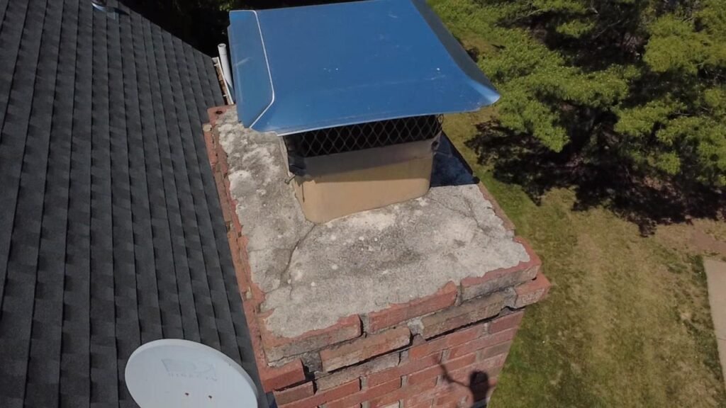 Brick chimney with a repaired crown section and new blue chimney cap