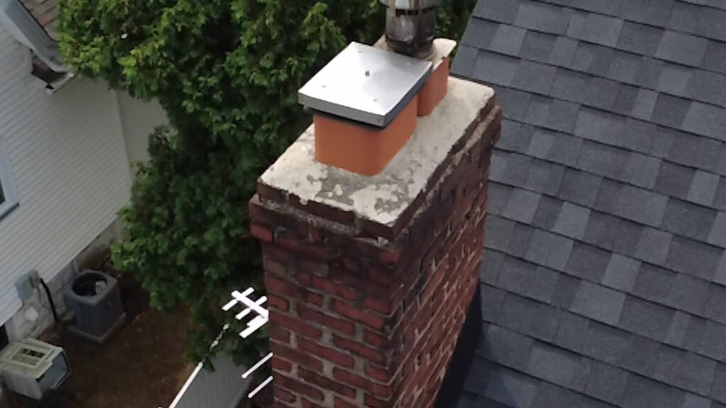 Chimney crown and cap viewed from the roofline, showing the masonry crown surface
