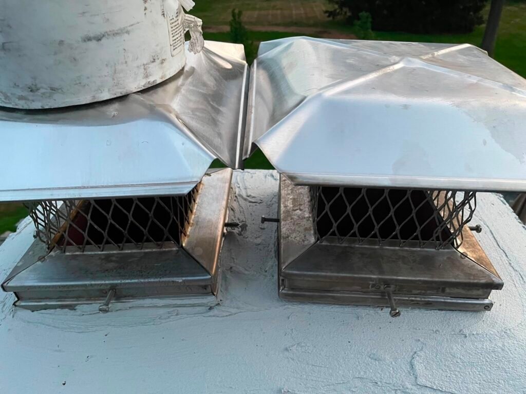 Chimney showing two mesh chimney caps on a coated crown
