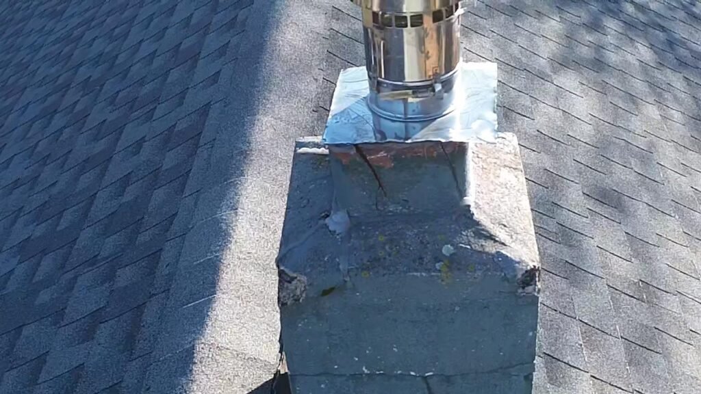 Damaged flashing and cracked sealant at the chimney base