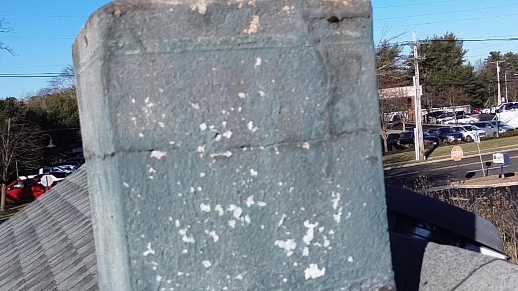 Close-up of cracked, weathered chimney stucco surface