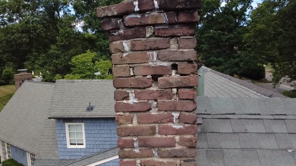 Vertical close-up of deteriorated brick and mortar on a chimney corner