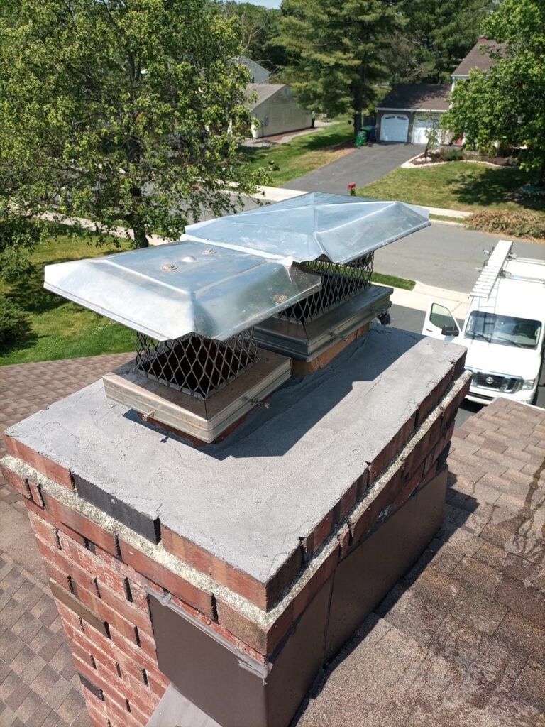 Exterior chimney top showing two new chimney caps and a repaired crown