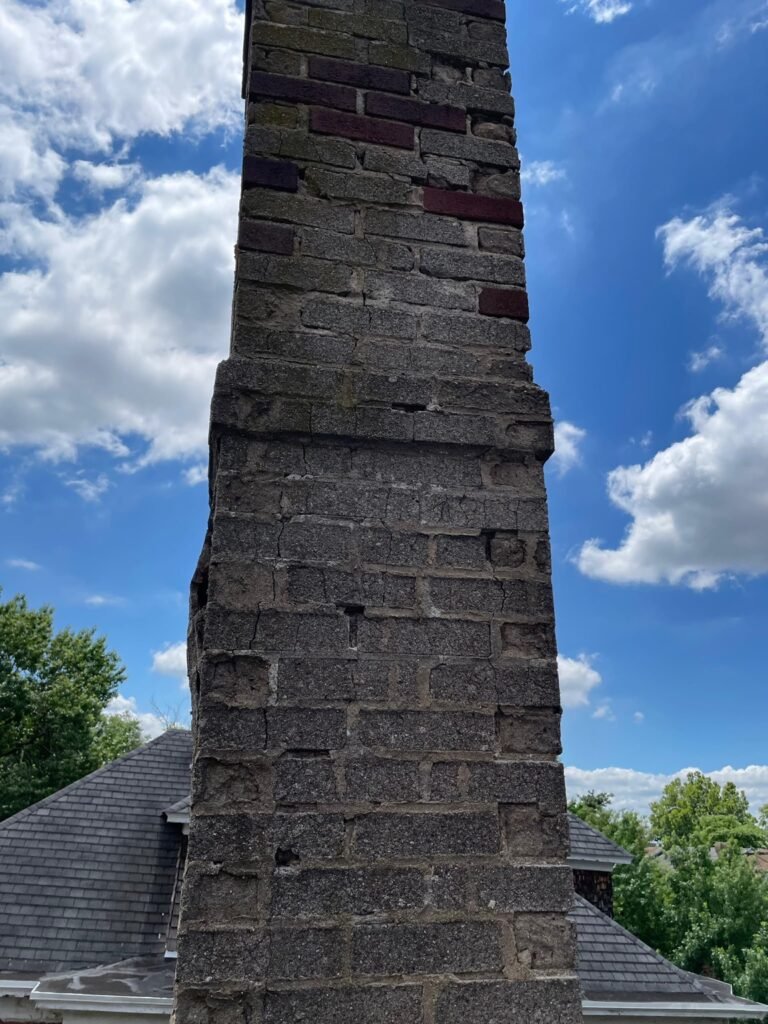 Original brick chimney extending above the roofline