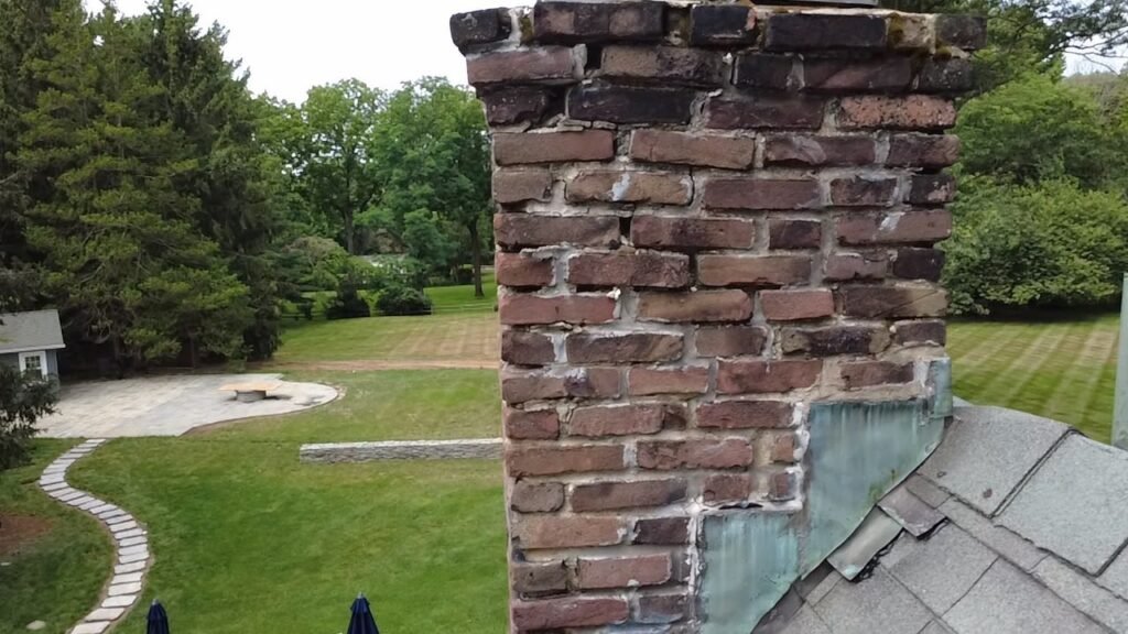 Detail view of masonry joints along a chimney corner